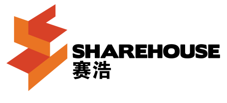 Logo for SHAREHOUSE featuring an abstract, geometric mark. The mark consists of interlocking orange and red-orange blocks stacked to form a stylized letter 'S'. To the right, the word 'SHAREHOUSE' is written in bold, black uppercase sans-serif typography, with the Chinese characters '赛浩' (Sài Hào) positioned directly beneath it.