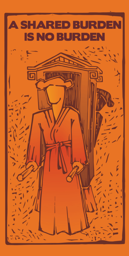 Illustration of a person carrying a sedan chair with the text Shared burden is no burden – symbol of teamwork, collaboration, and shared responsibility